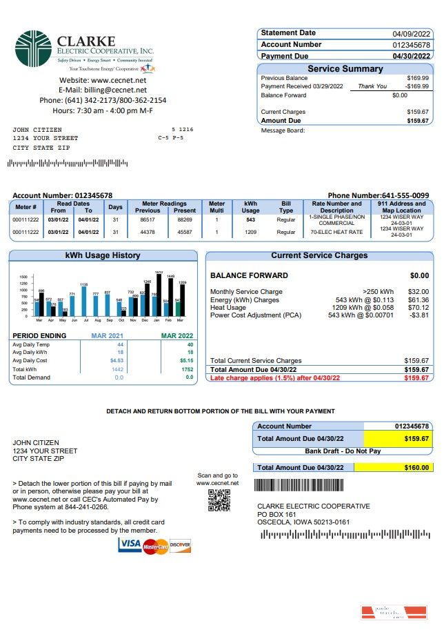 USA Iowa Clarke Electric Cooperative, Inc utility bill template in Word and PDF format